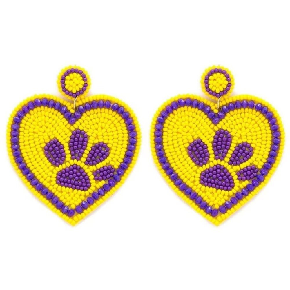 Tiger Paw Print Seed Bead Earrings~LSU Earrings~Purple and Gold Earrings